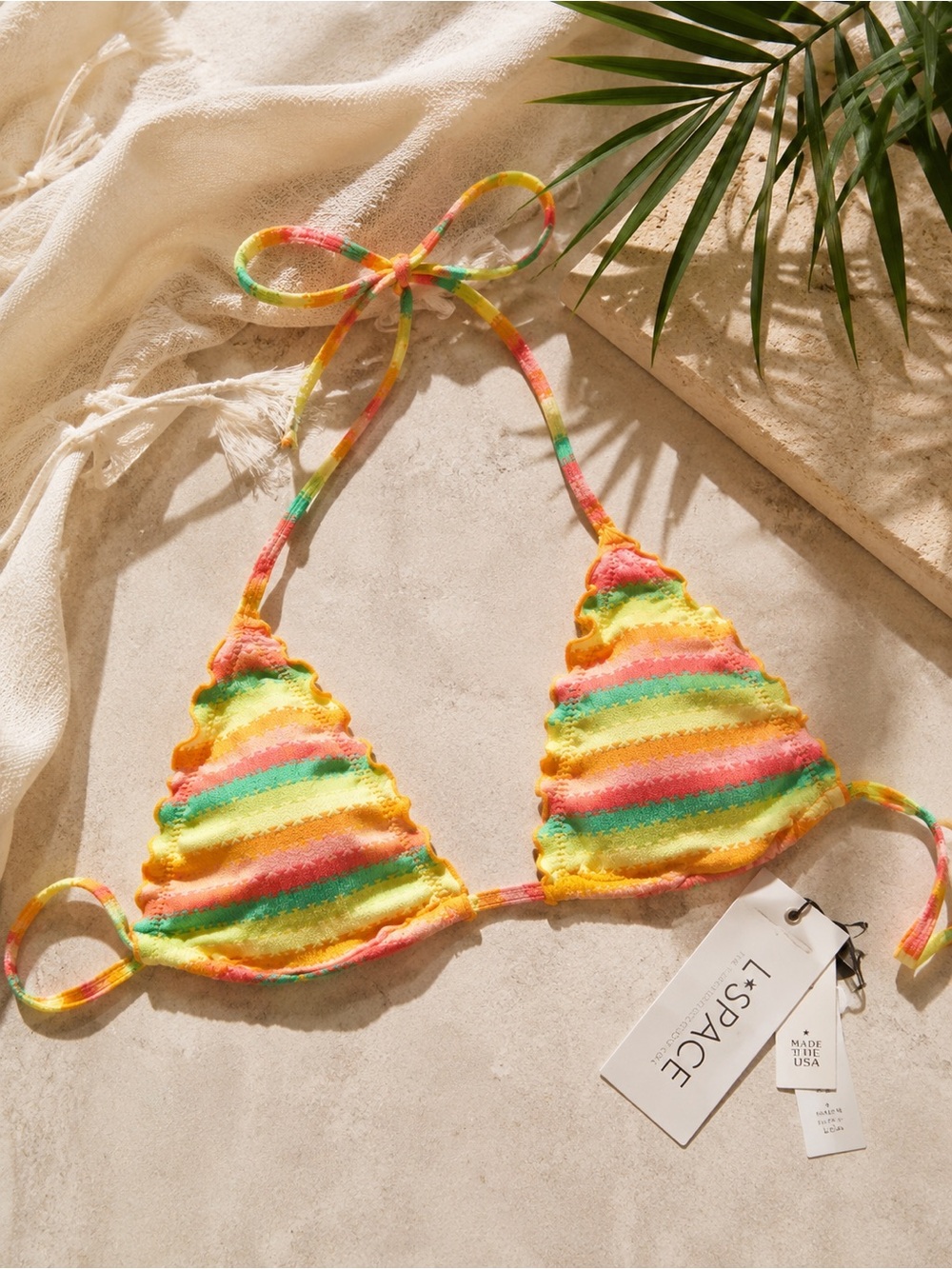 L*SPACE Maggie Bikini Top Under The Sun Stripe Triangle Sliding Cups Small NEW